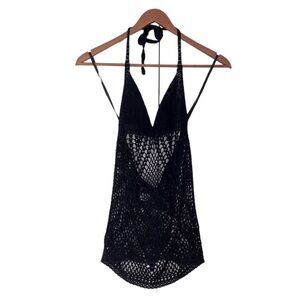 Y2K black crochet knit halter top mesh boho chic festival shirt